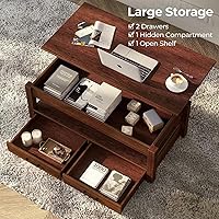 Vista 5 de Mesa Auxiliar, Mesa de Centro con Cajones y Compartimento Oculto, Mesa Central Retro con Tablero de Elevación de Madera, para Sala de Estar Espresso