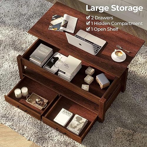 Miniatura 5 de Mesa Auxiliar, Mesa de Centro con Cajones y Compartimento Oculto, Mesa Central Retro con Tablero de Elevación de Madera, para Sala de Estar