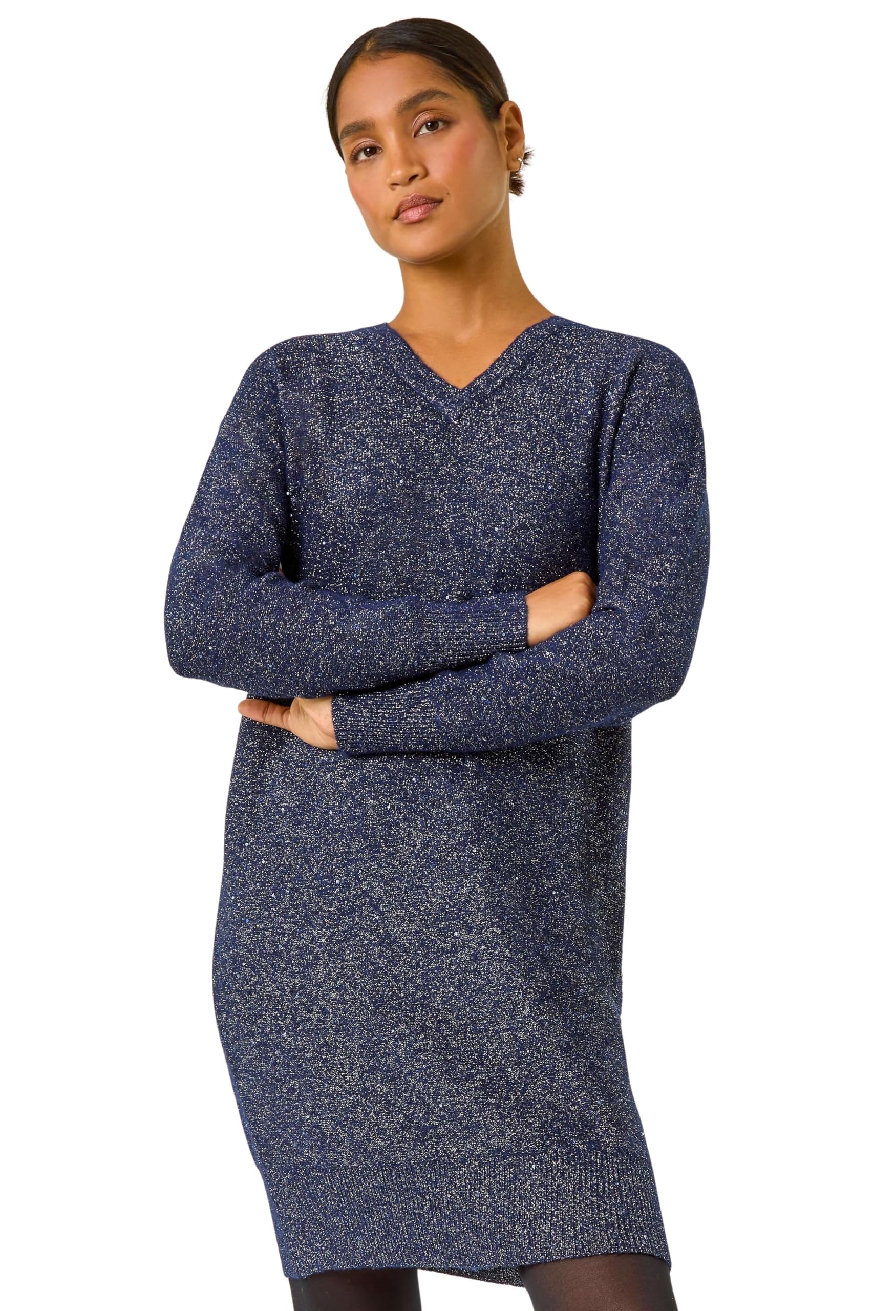 Roman Originals Knitted Jumper Dress for Women UK Ladies Knit Knitwear Autumn Winter Casual Smart Pull On Work Long Sleeves Slouch Relaxed Flattering Over Knee Length V Neck - Navy - Size 12