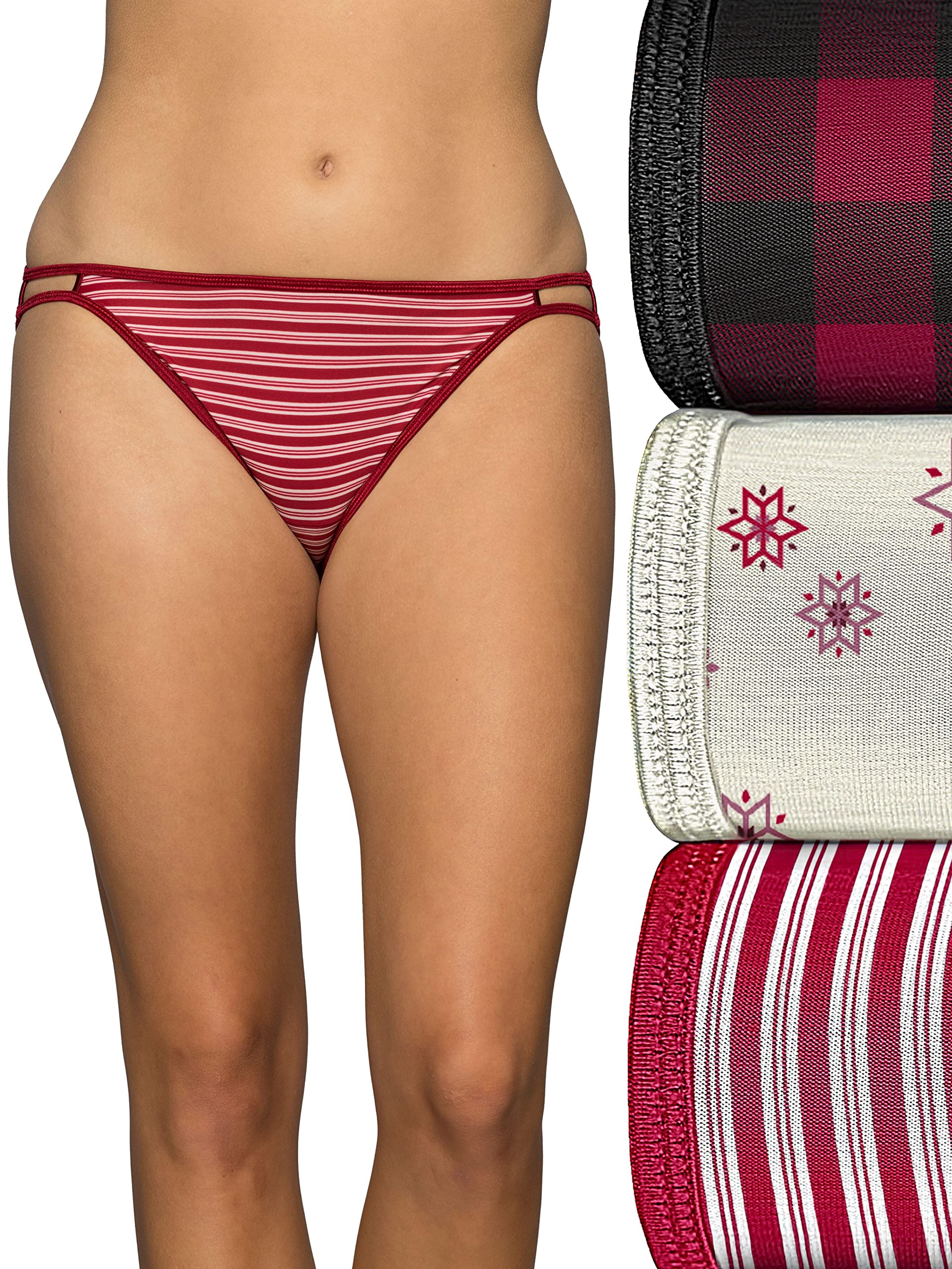 Vanity Fair Women's Illumination String Bikini Panties, Silky Stretch & Satin Trim, 3 Pack-Cheers Print/Cozy Check/Peppermint Stripe, 5