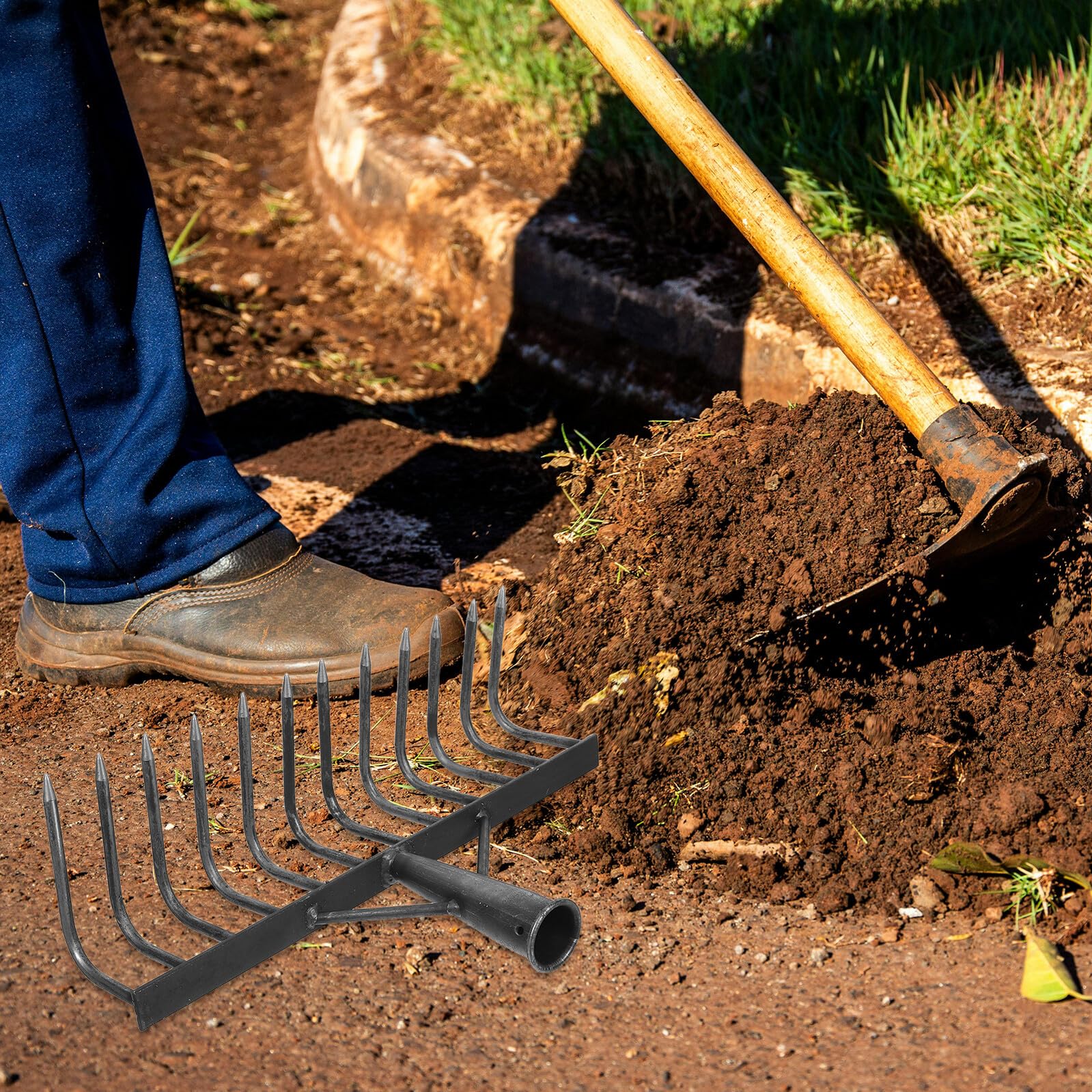 SHINEOFI Rastrello da Giardino Heavy Duty in Acciaio ad Tenore di Carbonio Testa Multi-denti per Rottura Terreno Compatto e Livellamento Strumento Agricolo Versatile per Orto Frutteto e