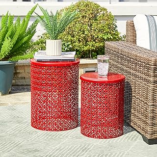 Glitzhome Outdoor Side Table Set of 2, Decorative Garden Stool for Indoor Outdoor Heavy Duty Metal Frame Accent Table Modern End Table, Glossy Red
