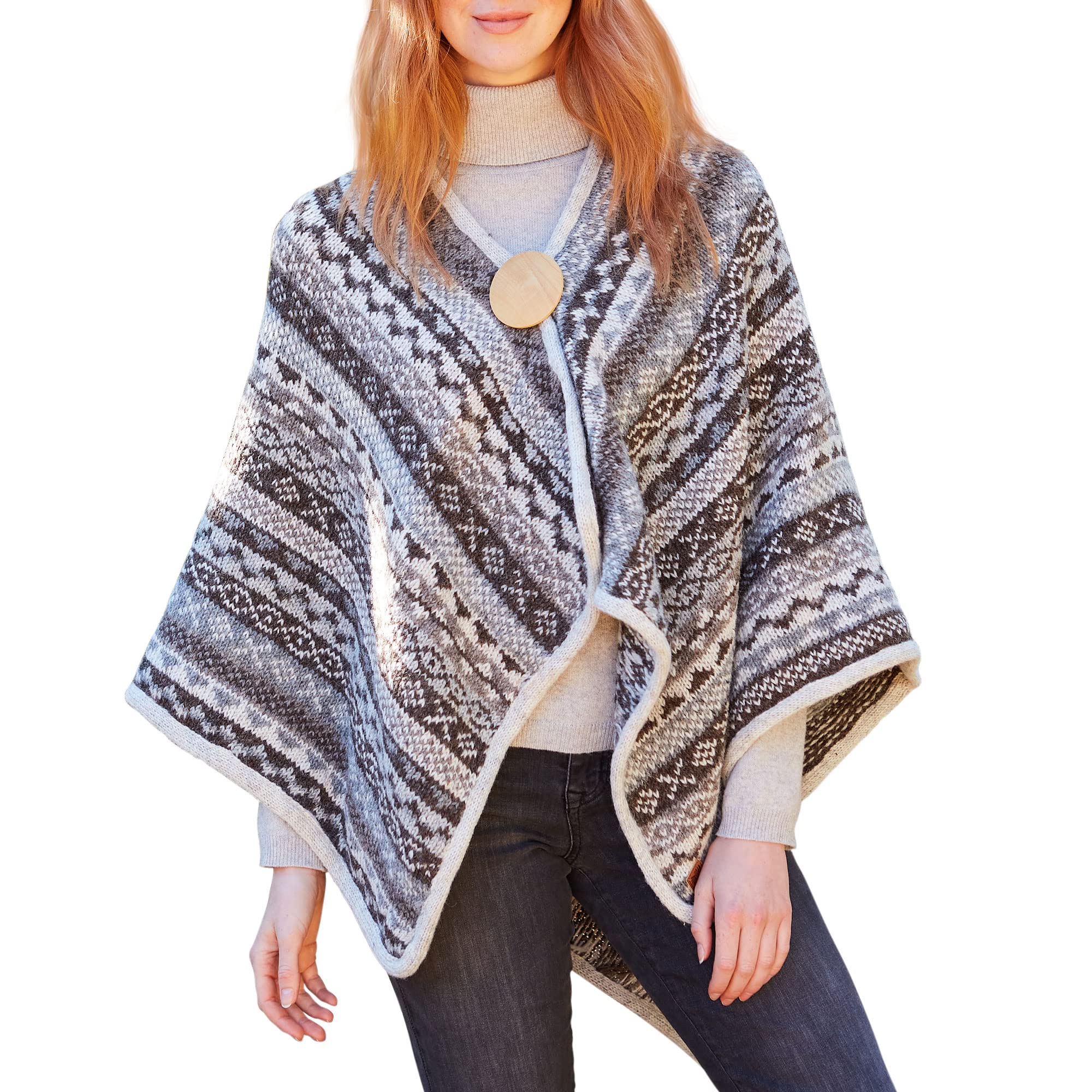 Pachamama Women Wool Wrap Handknitted Traditional Fair Isle Handmade Extra Warm Shawl Fair Trade (Natural)