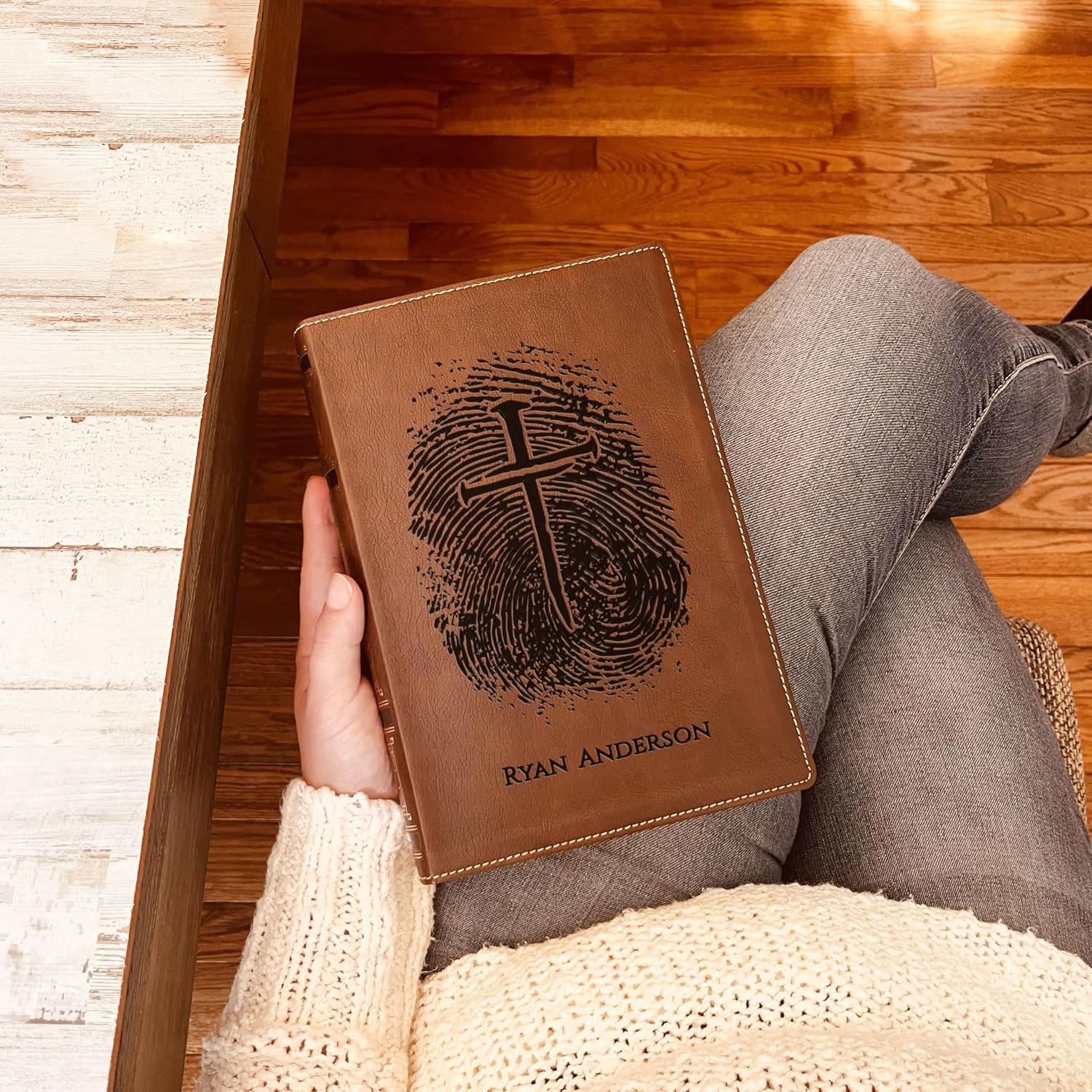 Personalized NKJV Bible, Custom Fingerprint & Cross Design with Name Engraved, Wide-Margin Bible, Gifts for Baptism, Wedding, Confirmation
