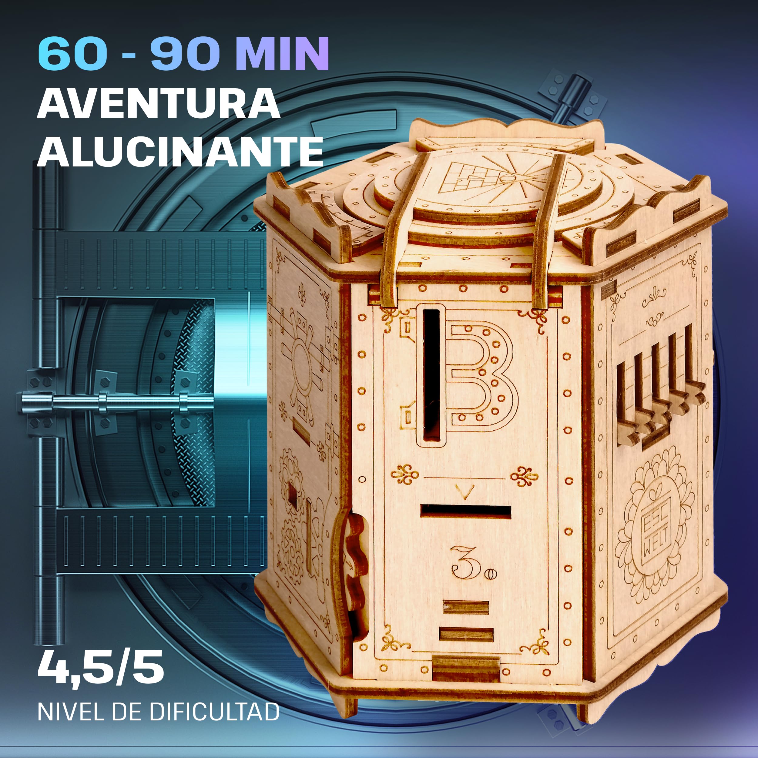 ESC Welt Fort Knox Pro - Сaja Rompecabezas de Madera con Compartimentos Ocultos para Adolescentes - Caja Secreta para Jugar en Familia - Caja Escape Room para Fanáticos de los Rompecabezas