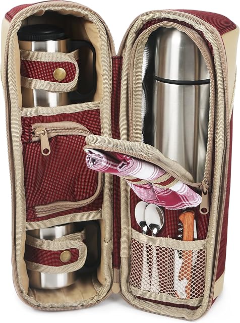 Greenfield Collection Deluxe Hamper Flask Hot Pack for Two People with 1 Vacuum Sealed Stainless Steel 1 Litre Flask + 2 Stainless Steel Mugs - Perfect for Outdoors and Travel - Mulberry Red