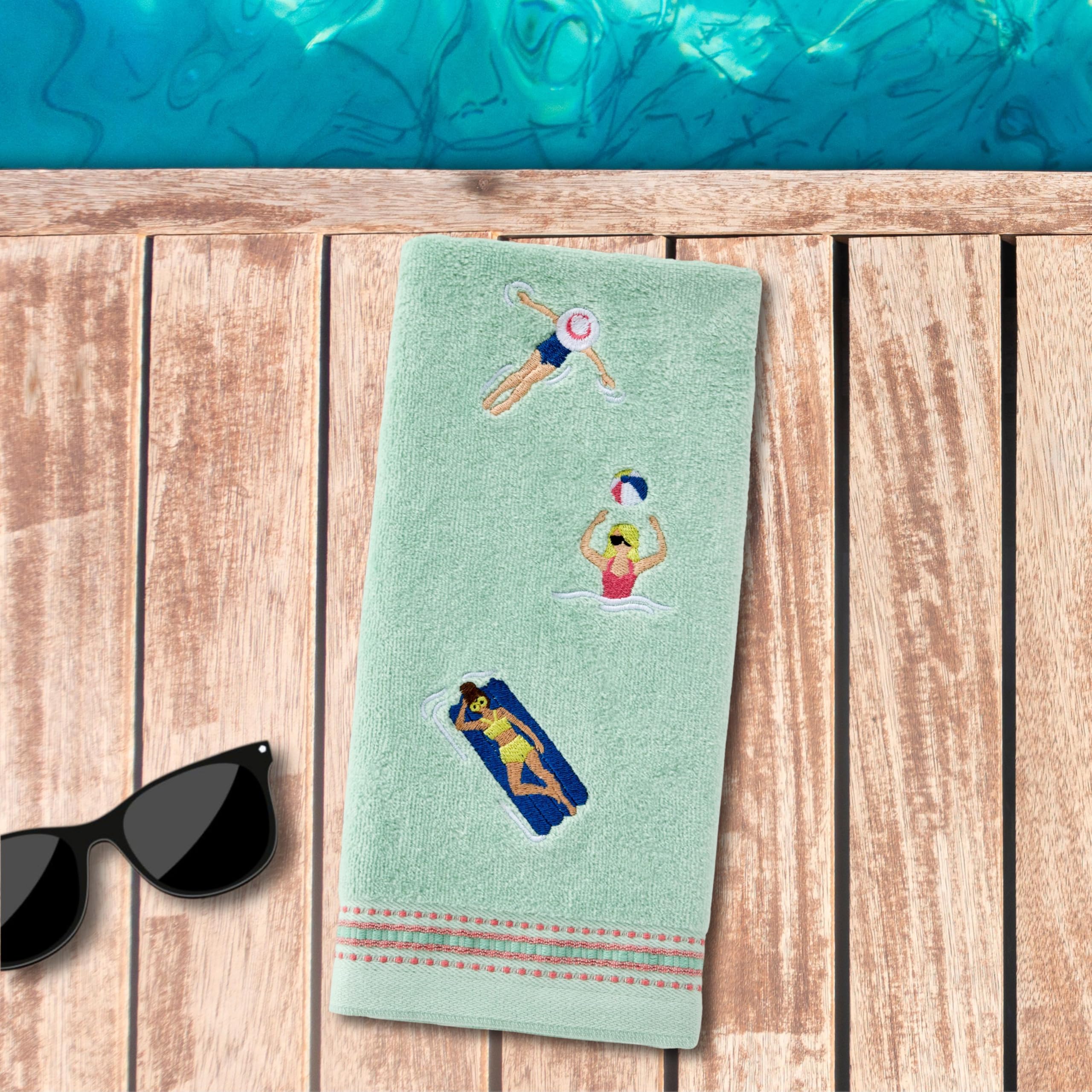 SKL Home Pool Party - Set di 2 asciugamani ricamati in 100% cotone, decorativi per bagno, cucina, bar, idea regalo, giada nebbiosa