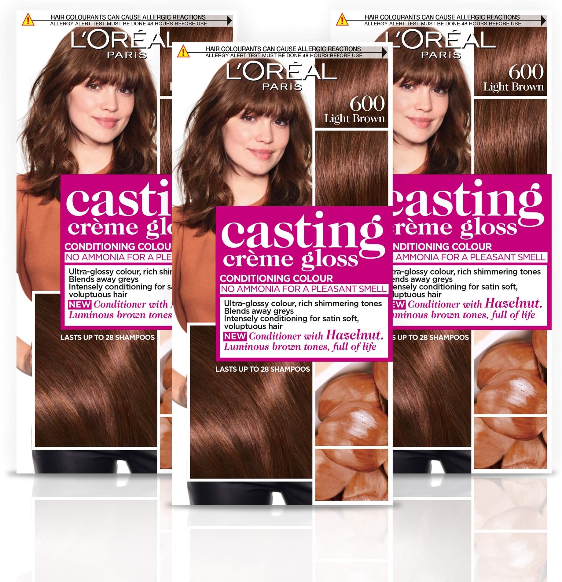 Paris Casting Crème Gloss Semi-Permanent Hair Dye, Ammonia-Free Formula & Honey-Infused Conditioner, Glossy Finish, Colour for Up to 28 Shampoos, Pack of 3, Colour: 600 Light Brown