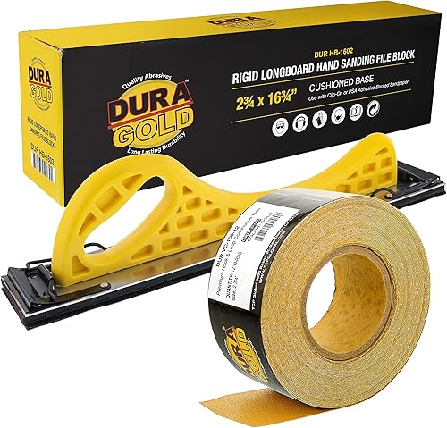 Dura-Gold Pro Series Longboard - Bloque de lija de lija manual - Parte trasera de gancho y bucle y almohadilla adaptador PSA y rollo de papel de