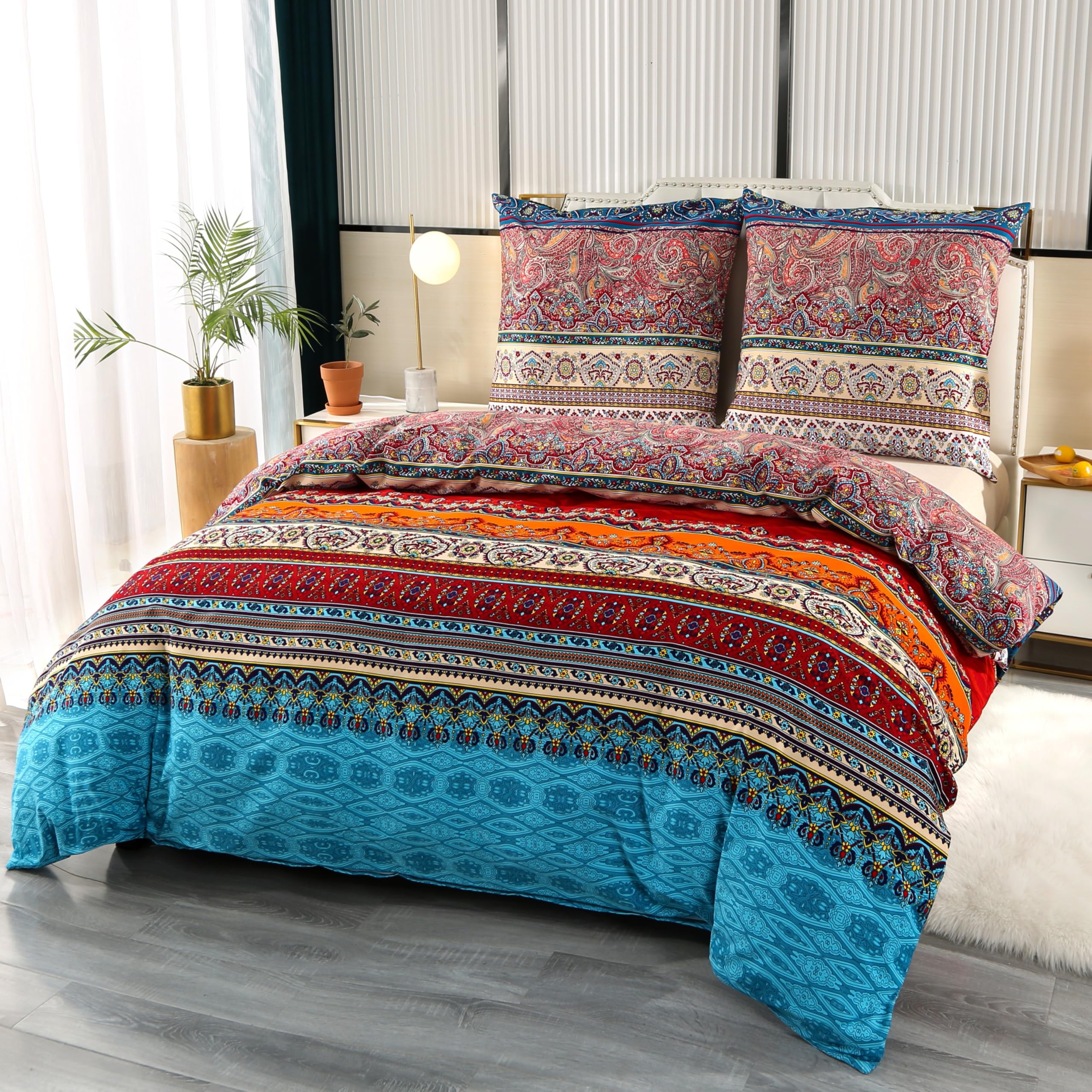Qucover Bettwäsche 220x240 Baumwolle, Aesthetic Bettwäsche 3teilig Bunt Vintage Bettbezug, Bohemian Bettwäsche-Sets mit Reißverschluss 2 Kissenbezug 80x80cm Weich Warm