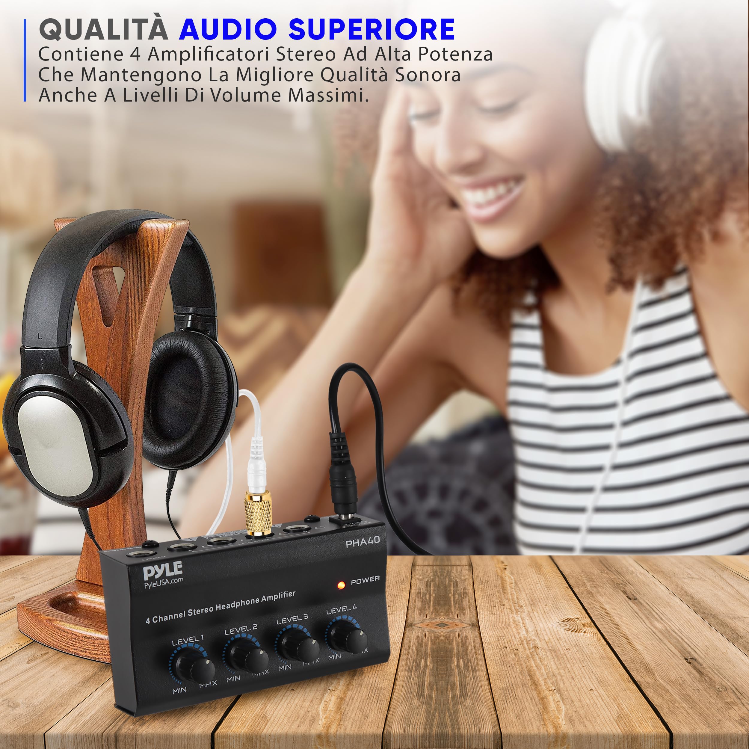 Pyle Preamplificatore Phono, Giradischi - Amplificatore Audio Stereo 4 Canali Portatile con Jack Bilanciato TRS da 6,35 mm e Ingresso TRS da 6,35 mm