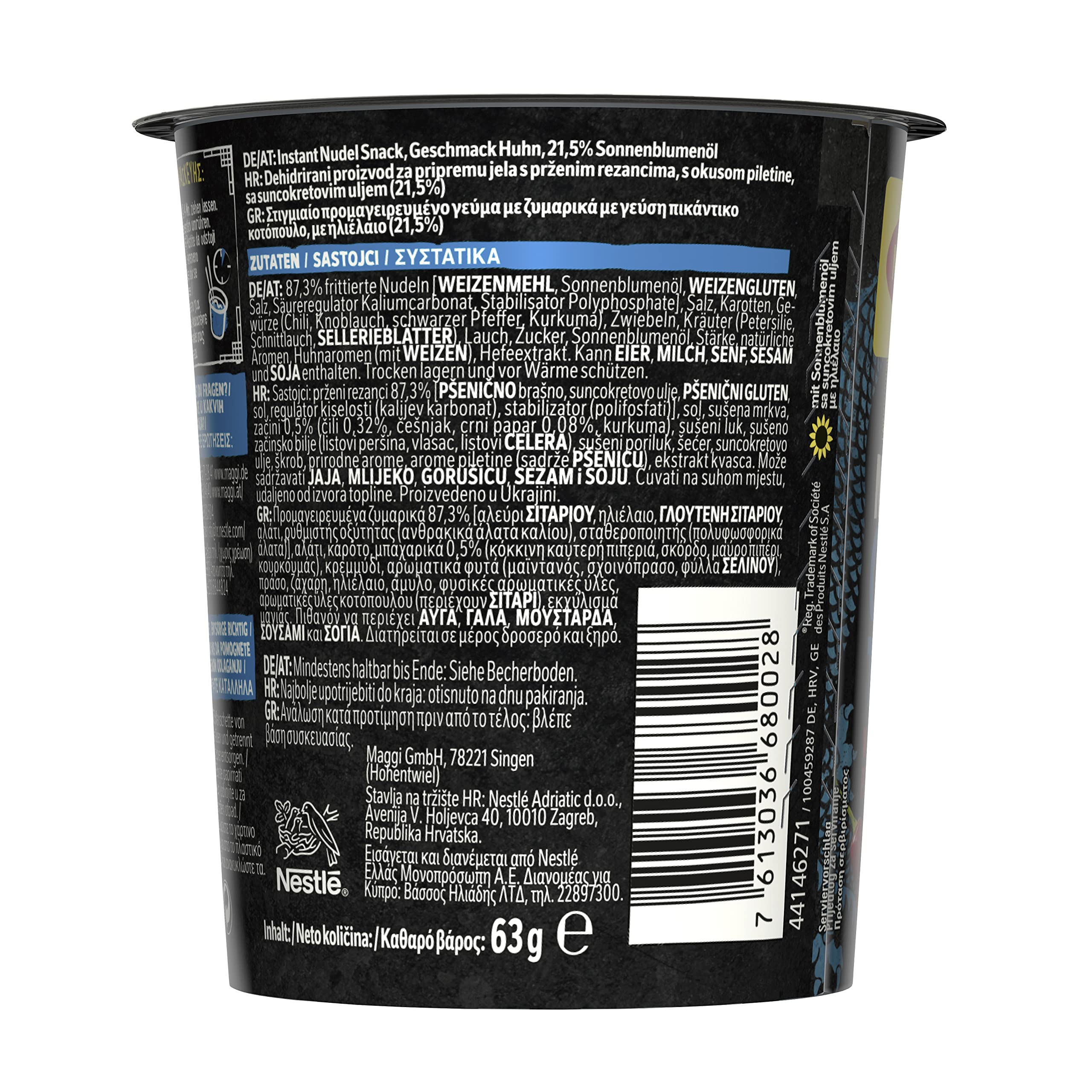 MAGGI Magic Asia Noodle Cup Chicken, Instant-Nudeln, asiatisches Fertiggericht, Hühnchen-Geschmack, mit Gemüse verfeinert, 32er Pack (8x63g)