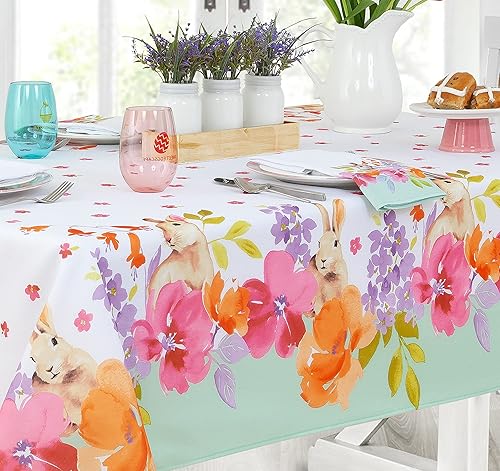 Miniatura 5 de Newbridge Mantel rectangular de tela, 60 x 84 pulgadas, diseño de conejito de primavera, fácil cuidado, resistente a las manchas, campos de flores