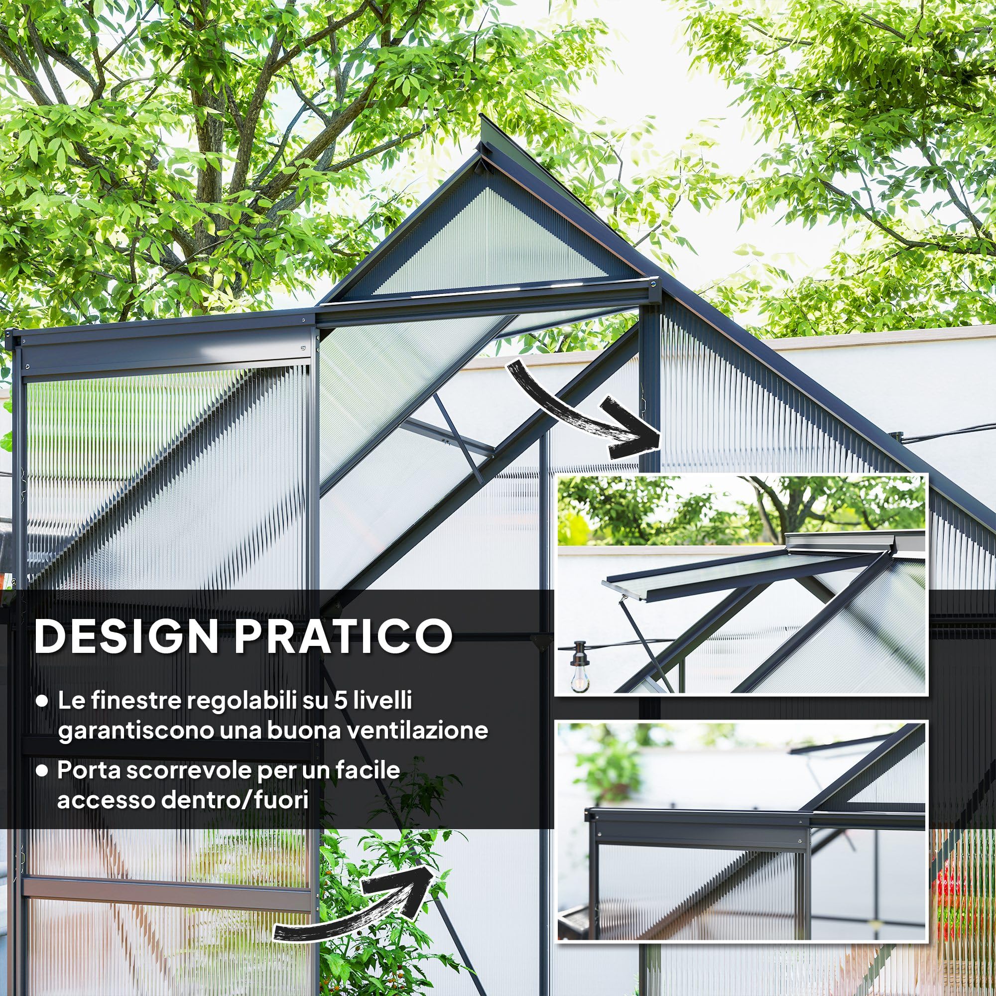 Outsunny Serre de jardin en polycarbonate avec cadre en alliage d'aluminium 2.5㎡, serre pour jardin avec fondation, gouttières, fenêtre de toit réglable, porte battante, pour plantes, anti-UV, gris