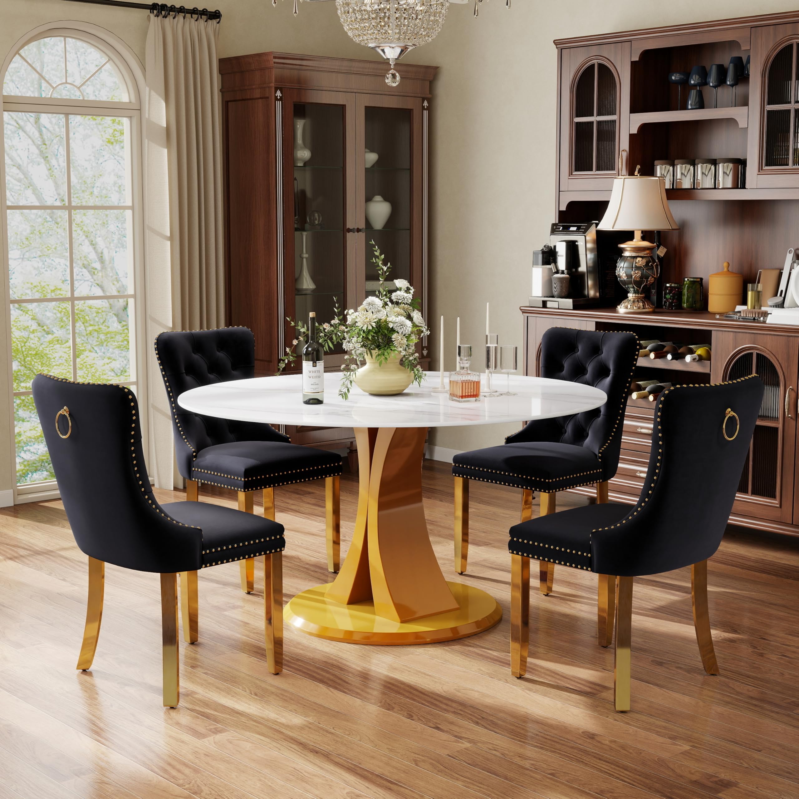 5-Piece Dining Table Set with 47In Faux Marble Table and 4 Velvet Upholstered Chairs, Modern Scandinavian Furniture for Dining Room Kitchen(Black&amp;Gold)