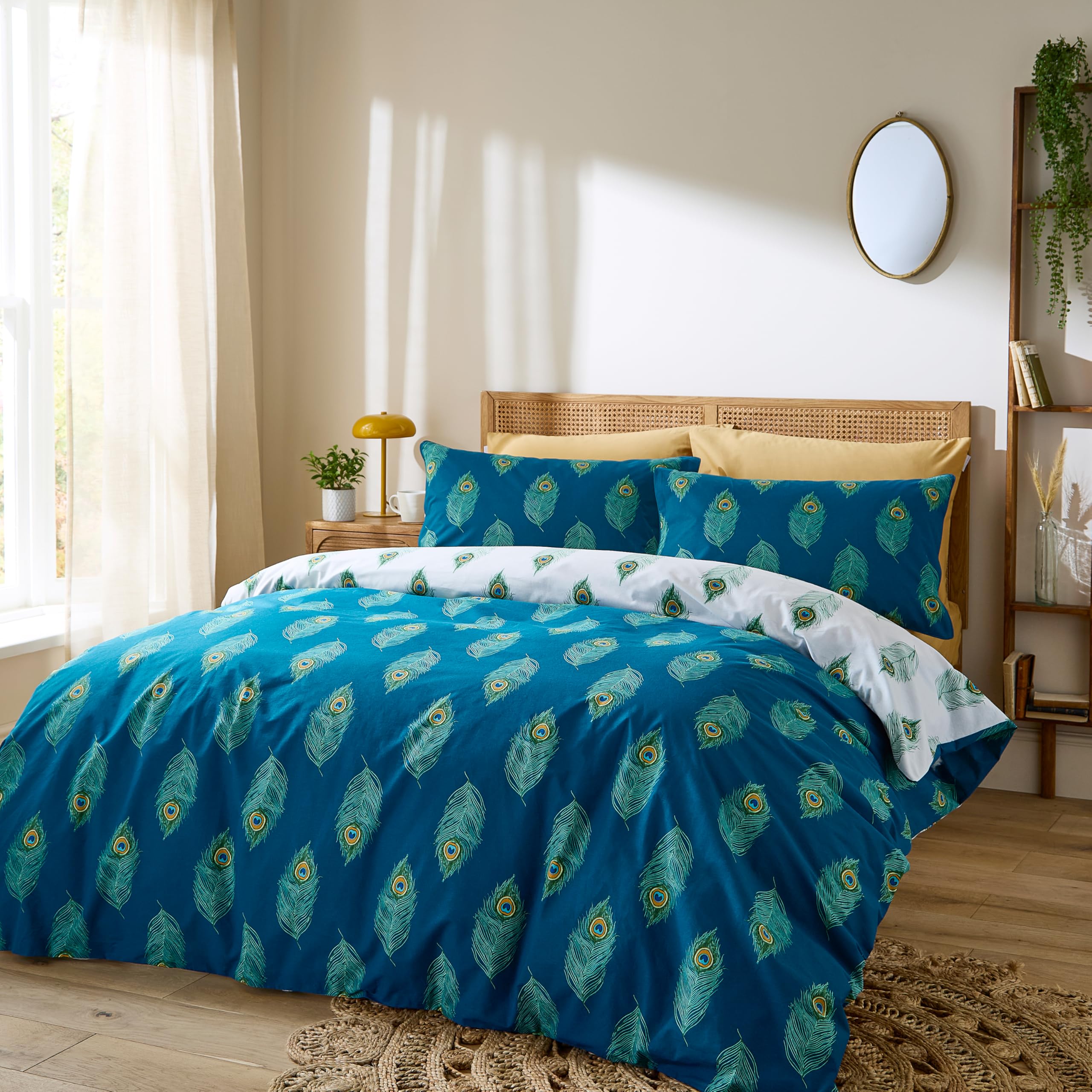 Their Nibs Peacock Feather Cotton Reversible Duvet Cover Set Blue King