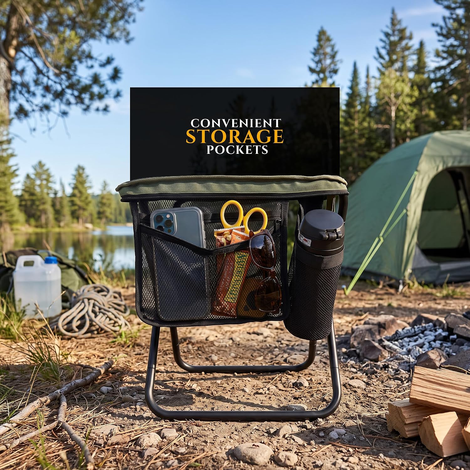 Foldable Camping Stool for Adults, Lightweight Portable Folding Stool with Storage Pockets & Carry Strap, Heavy Duty Compact Camp Seat for Hiking, Fishing, Travel & Outdoor, Army Green image 5