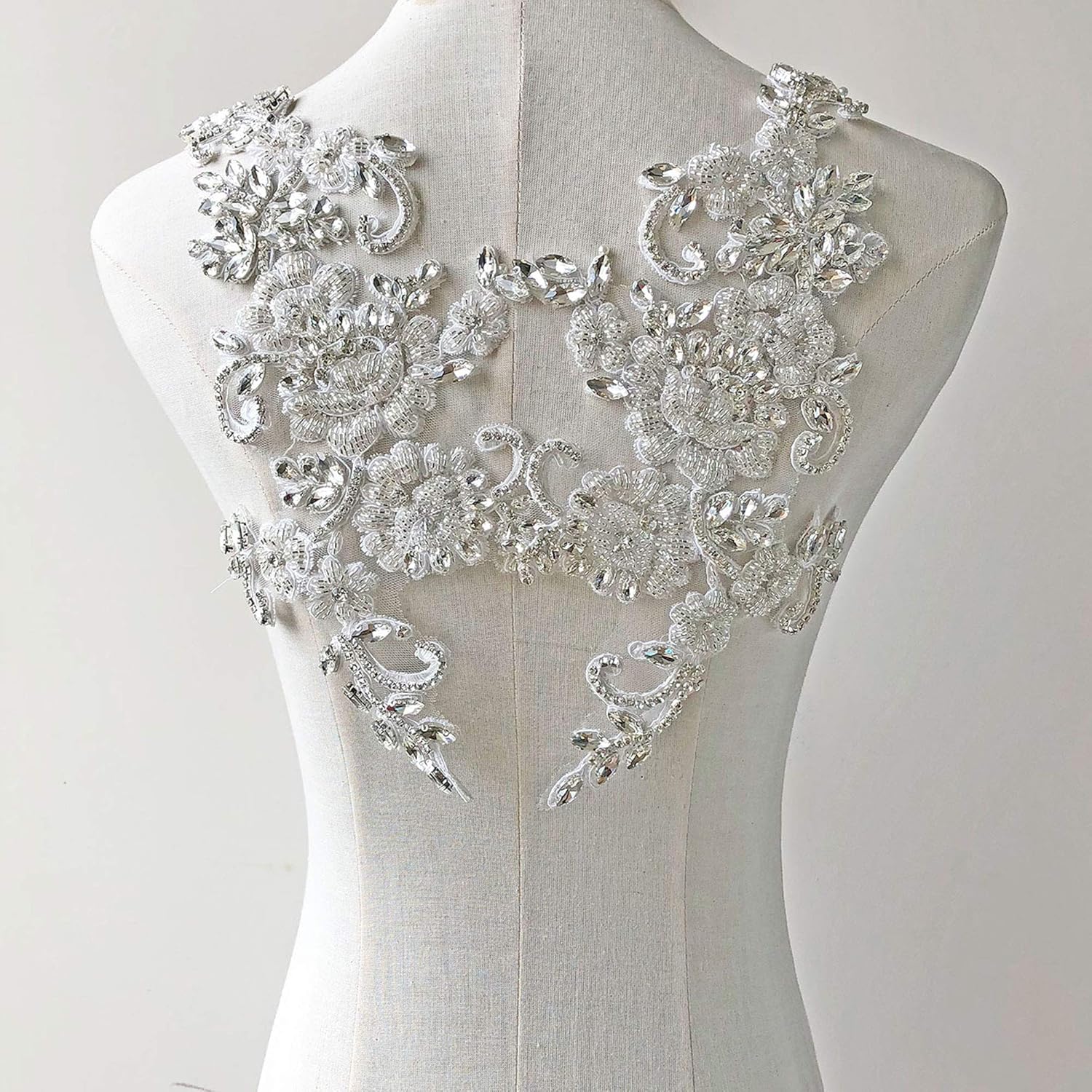 Sparkling Rhinestone Applique Mirror Pair Beaded Crystal Embroidery Floral Patch Bling Accent for Wedding Dress Evening Gown Silver Color