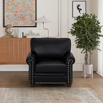 35" Faux Leather Pu Armchair Classic Vegan Leather Accent Chair Elegance Single Seat with Rolled Armrests Nailhead Trim Wood Legs Traditional Living Room 1 Seat-Black