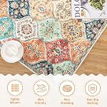 ROYHOME Machine Washable Moroccan Trellis Distressed Area Rug - Stain Resistant Non-Slip Floor Carpet - Vintage Medallion Accent - Farmhouse Dining Table - Bedroom, Cream/Multi, 4 x 6 Feet