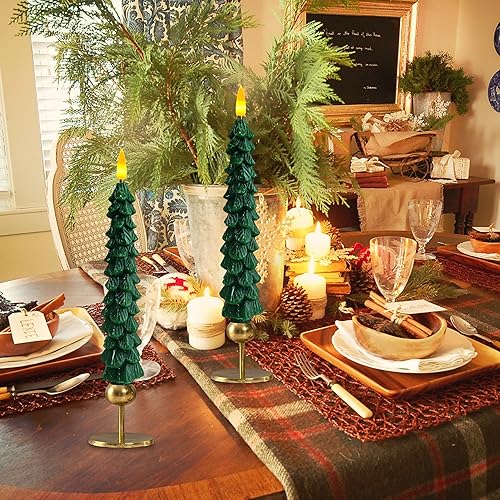 Miniatura 4 de Velas sin llama parpadeantes de árboles de Navidad de color verde oscuro con control remoto y temporizador, velas LED de cera real con mecha de