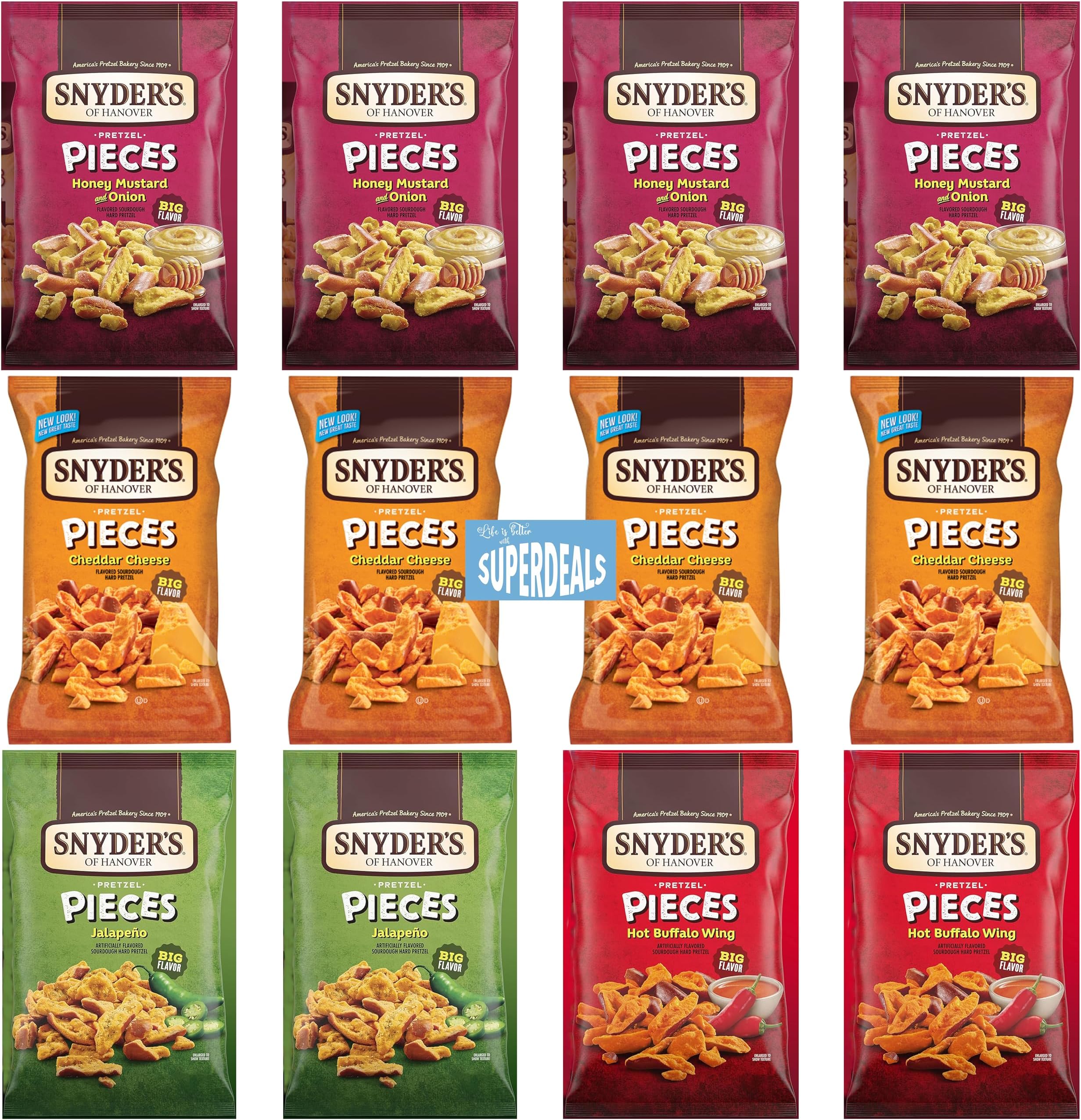 Snyder's of Hanover Pretzel Pieces Family Favorite Bundle – 12-Pack (2.25 oz each) – 4 Honey Mustard & Onion, 4 Cheddar Cheese, 2 Jalapeno, 2 Hot Buffalo Wings – Includes Mystery Gift bundeld by SUPERDEALS – Perfect for Parties, Movie Nights, & Snack Lovers