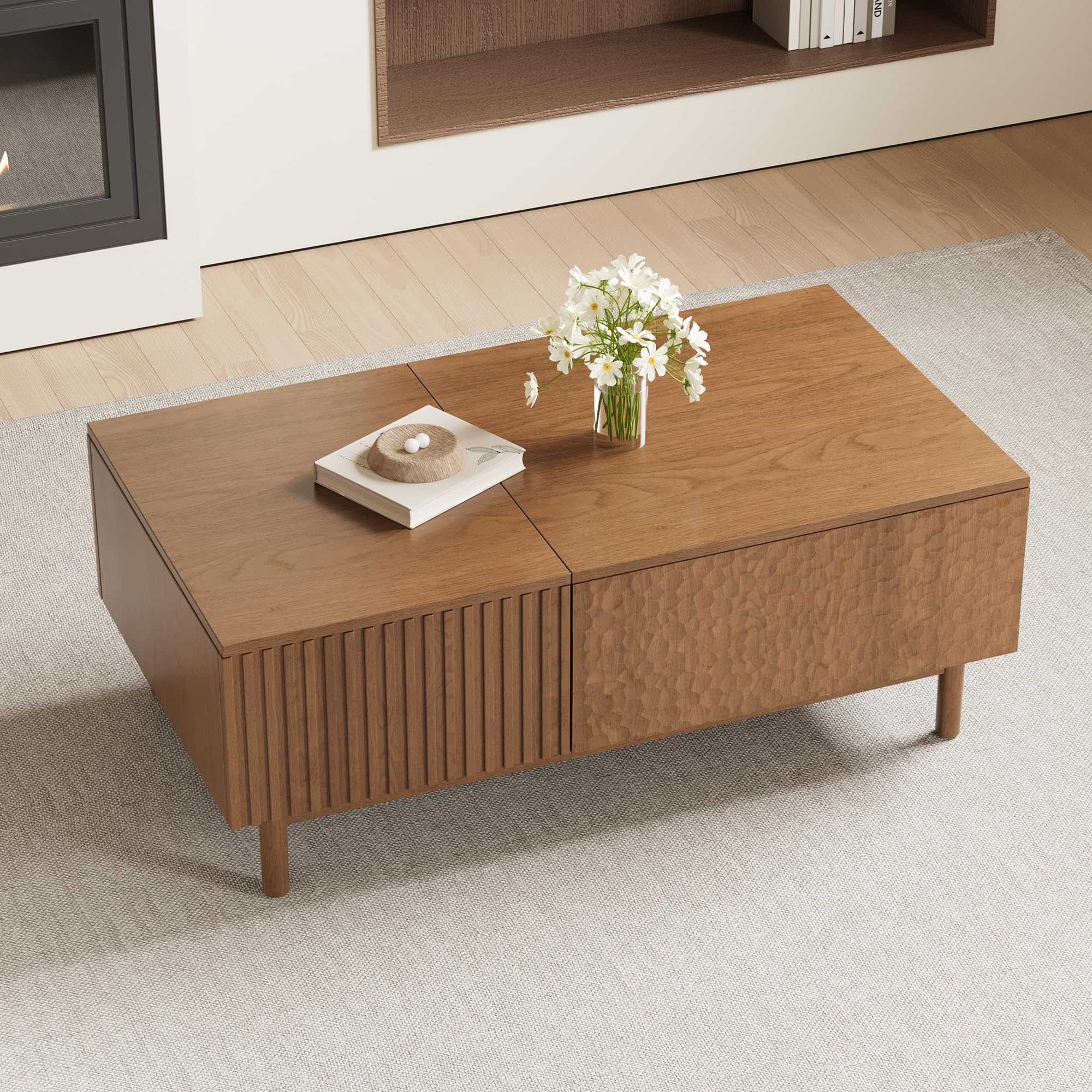 51.1" Mid-Century Modern Lift-Top Coffee Table, Walnut Rectangular Center Table with Hidden Storage, Drawers & Solid Wood Legs, for Living Room, Apartment & Office