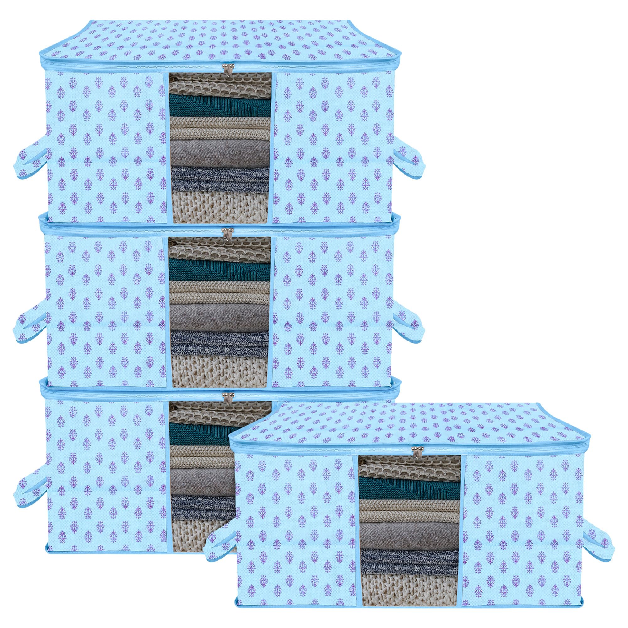Kuber Industries Unterbett-Aufbewahrungstasche | Kleideraufbewahrung | Deckenbezug mit transparentem Fenster | Reißverschluss und Griff | Stoff-Organizer | Blumen-Design | groß | 4 Stück | Himmelblau