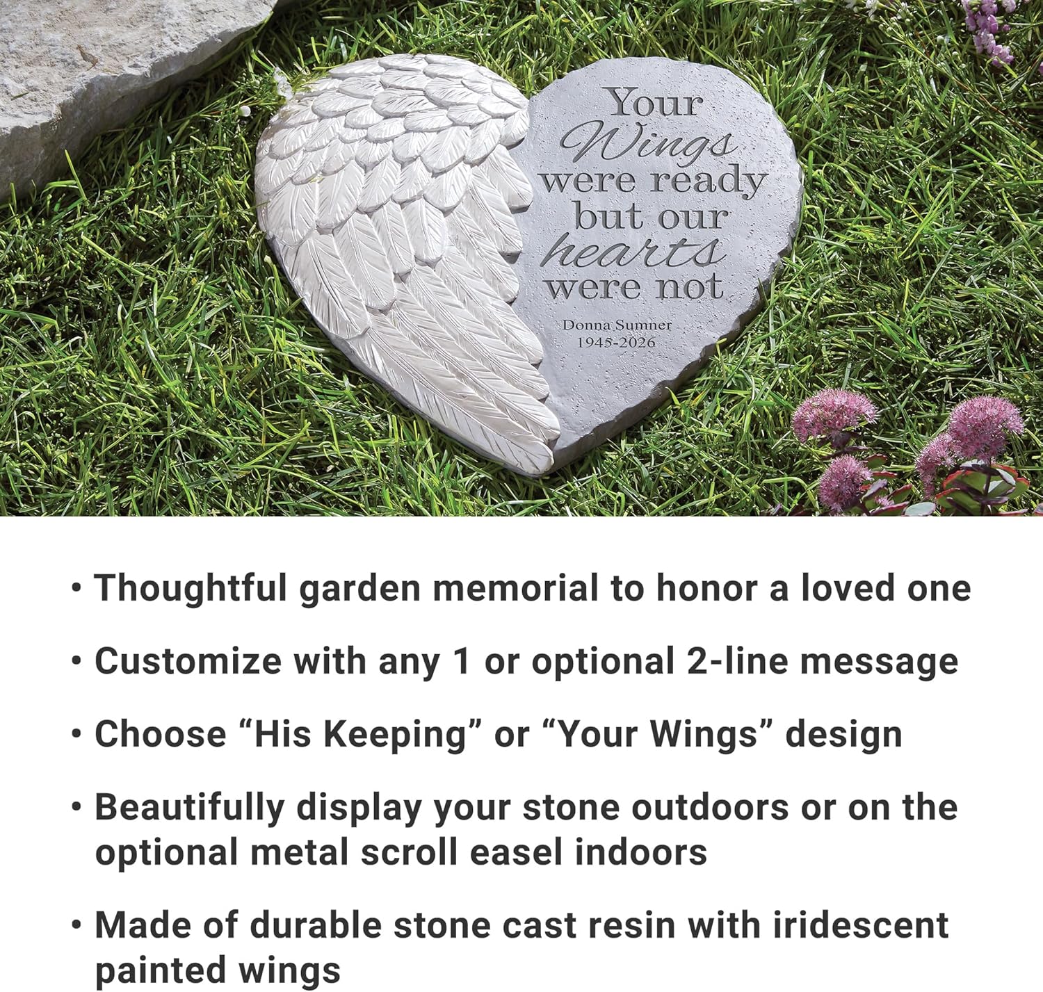 Let's Make Memories Personalized Memorial Garden Stone - Sympathy - Loss of Loved One - Condolences - Indoor/Outdoor - Durable Resin - 3D Wings of Love - Your Wings