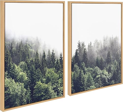 Kate and Laurel Sylvie Lush Green Forest on a Foggy Day - Juego de arte de pared en lienzo enmarcado para izquierda y derecha por The Creative Bunch