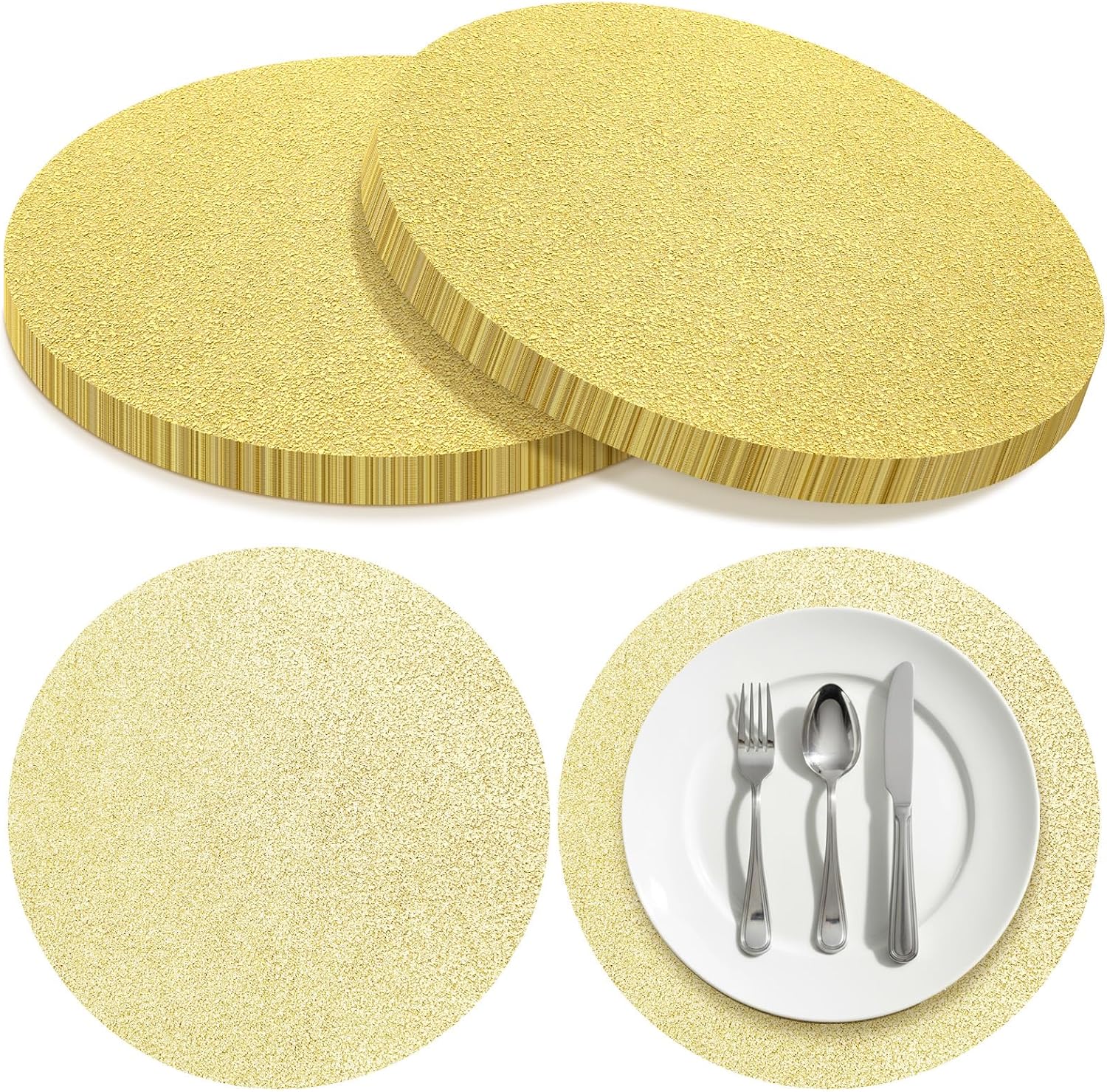 120 Pcs Gold Placemats Set 13 Inch Disposable Wedding Round Gold Foil Table Mats Bulk Metallic Mesh Pressed Table Mats for Wedding Home Decoration Church Festival Birthday Party