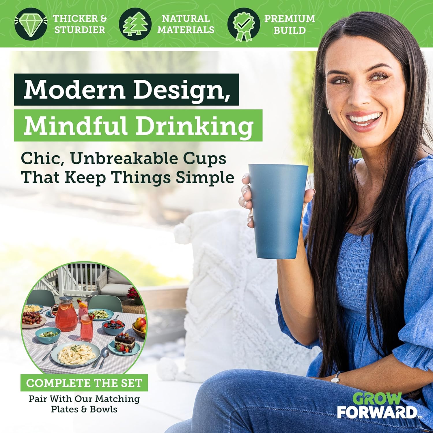 Grow Forward Premium Wheat Straw Cups - 20 oz Unbreakable BPA Free Hard Plastic Cups - Reusable Lightweight Plastic Drinking Glasses for Kitchen, Outdoor, Water, Camping, RV - Seascape - Image 4