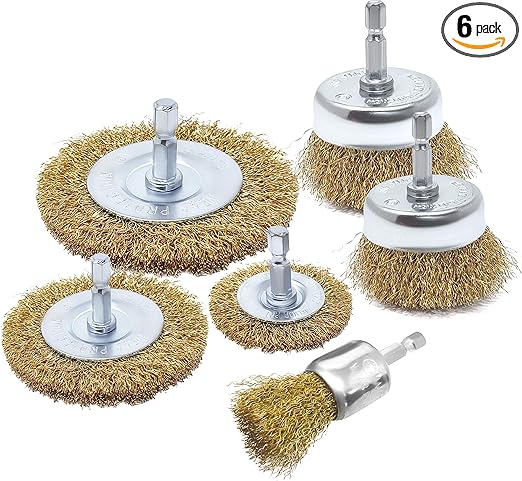 LINE10 Tools 6pc Wire Brush Drill Attachment Set Brass Coated Steel Bristles Rust Removal Paint Stripping Cleaning Deburring Metal Grills Scrub welding Cup Wheel End 1/4" Hex Shank Fits Impact Drivers