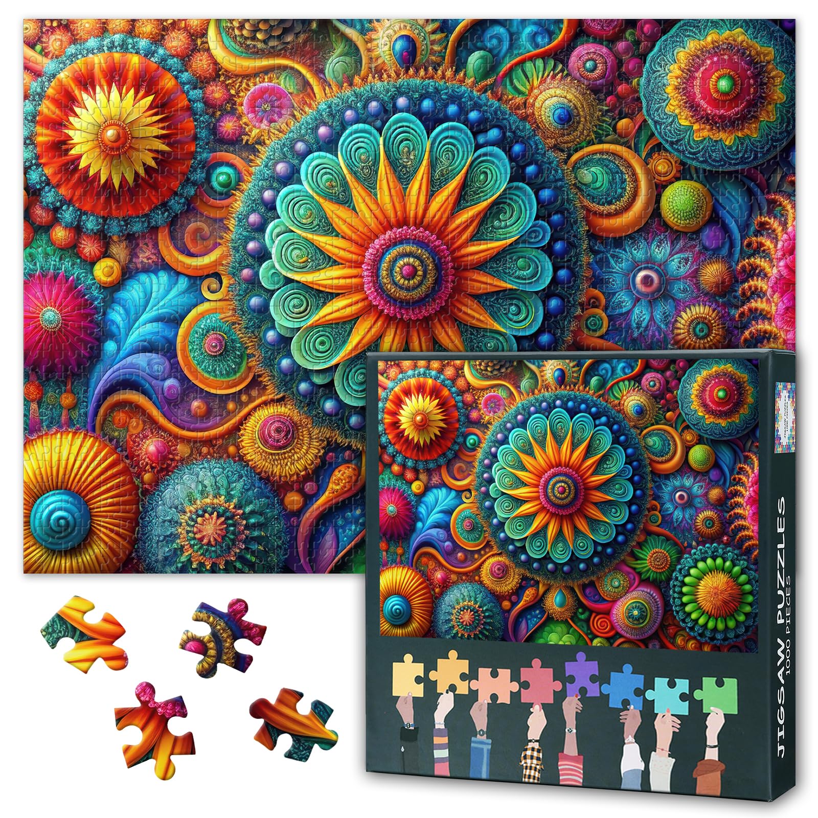 Puzzles for Adults 1000 Pieces, Vibrant Floral Abstract Art, Colorful Flowers Design with Premium Puzzle Board