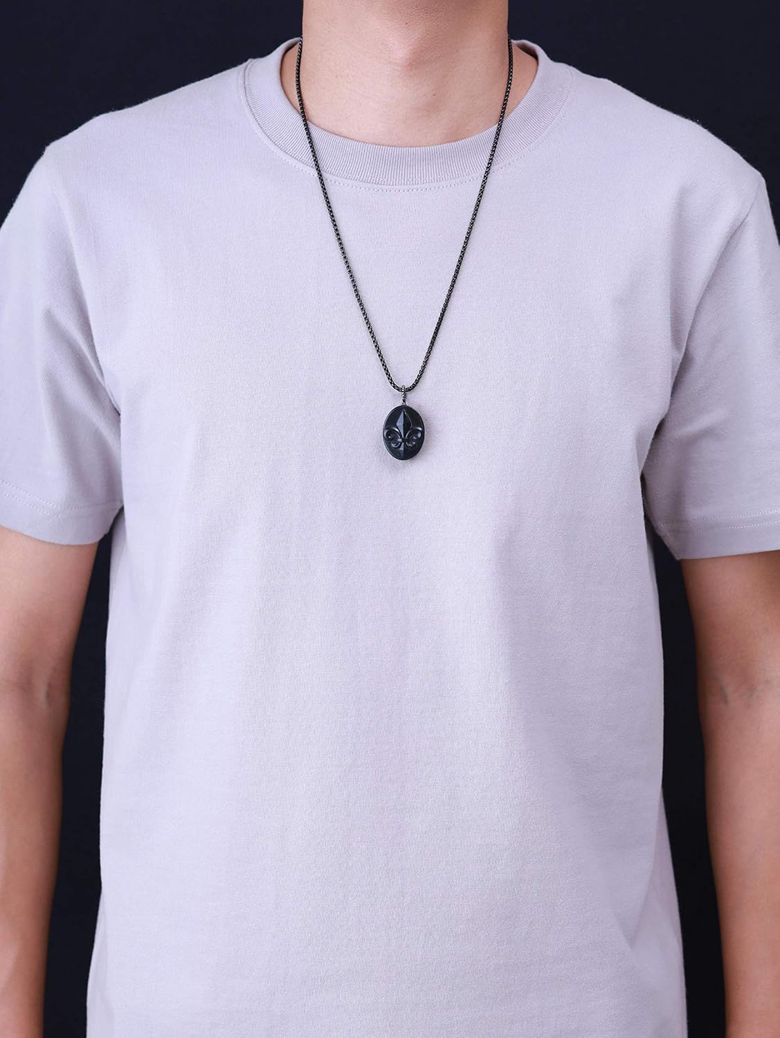 COAI Stone Amulet Fleur De Lis Necklace Black Obsidian Pendant Necklace for Men Women