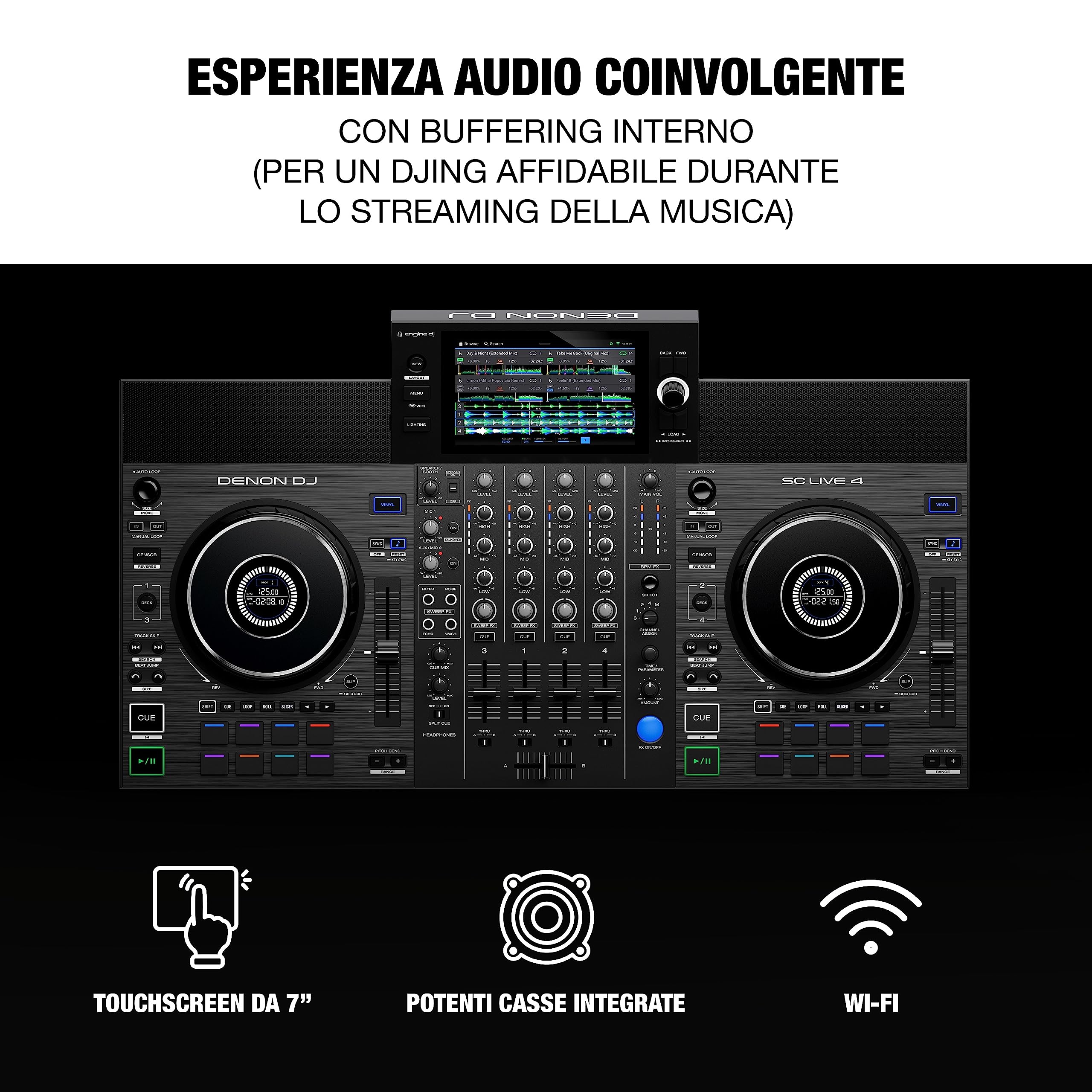 Denon DJ SC LIVE 4 + 2x Alto Professional TS410 - Console DJ, mixer DJ a 4 canali, streaming, Wi-Fi, casse + 2x Cassa Attiva PA Amplificata da 2000 W 10" con mixer a 3 canali, Bluetooth, DSP