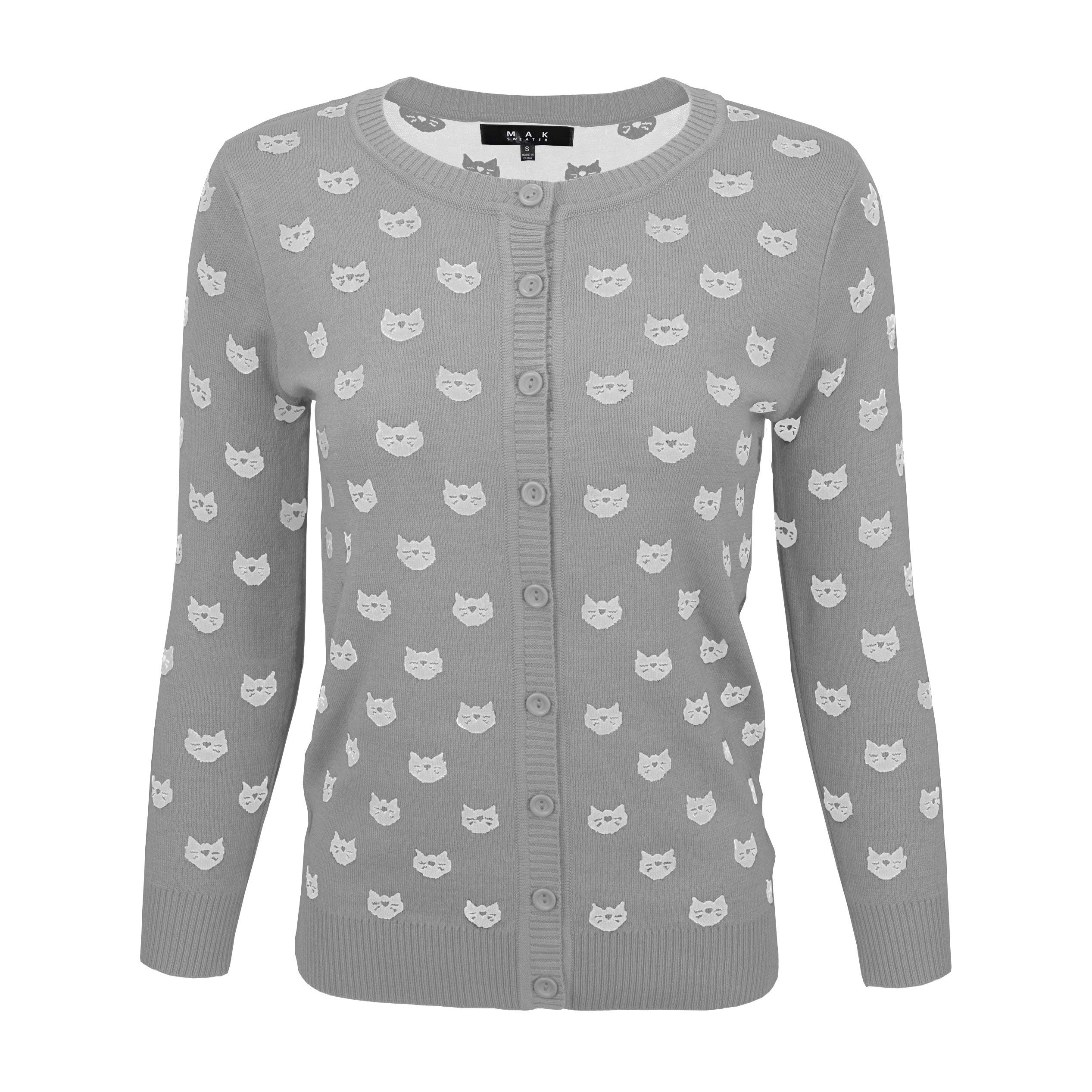 YEMAK Women's Cute Cat Patterned 3/4 Sleeve Button Down Stylish Cardigan Sweater MK3466
