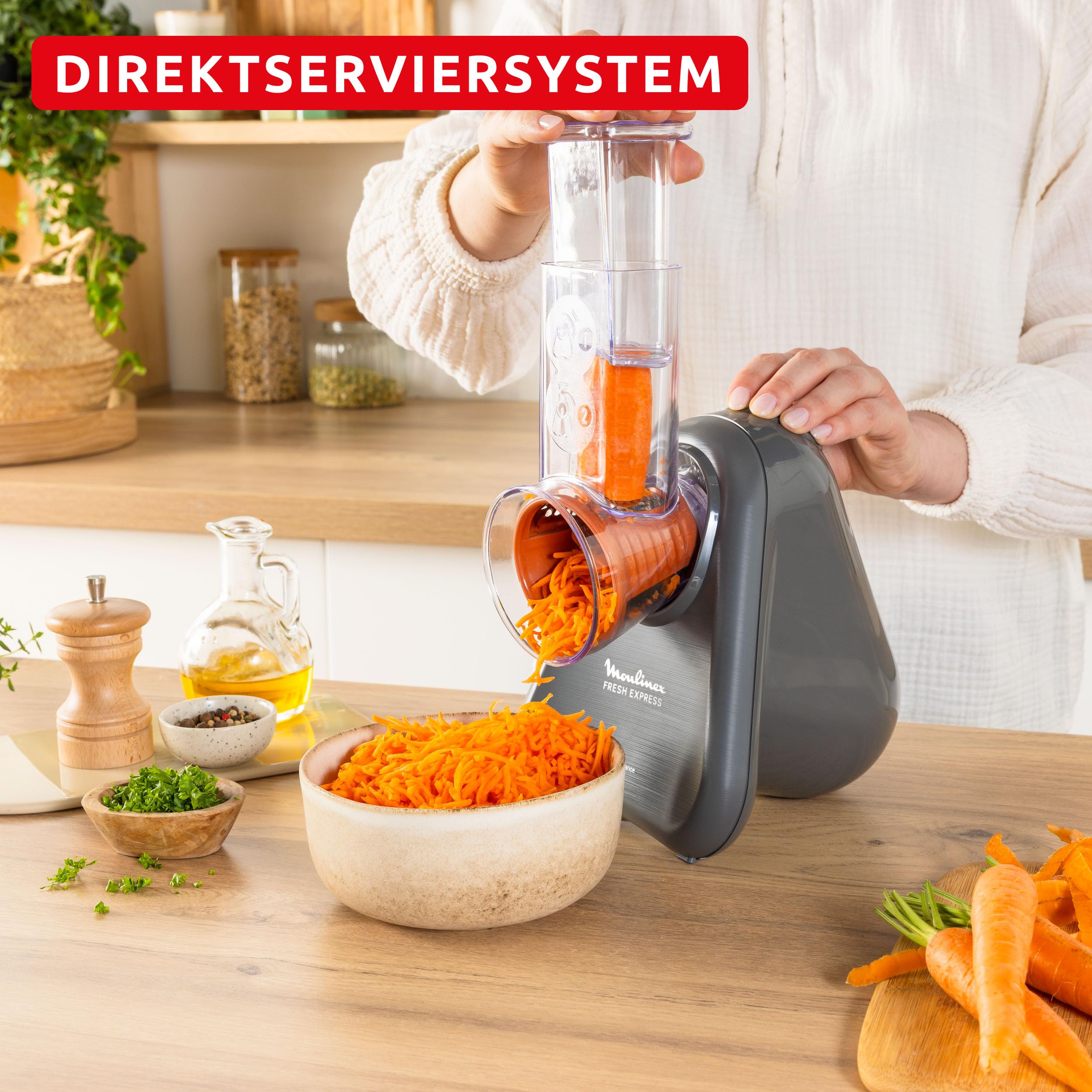 Moulinex Fresh Express Elektrische Gemüsereibe, Direktserviersystem, 5-in-1, zerkleinern-schneiden-reiben-wellenförmig-schneiden, Kabel-Verstausystem, Zubehör spülmaschinenfest, Grau, DK855HE0