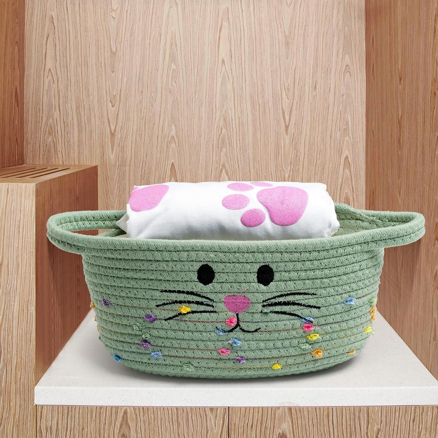 Small Woven Baskets for Organizing Rope with Handle Cute Cotton Basket for Nursery Gift Dog Cat Toy Storage Basket for Toy Organizer-Green