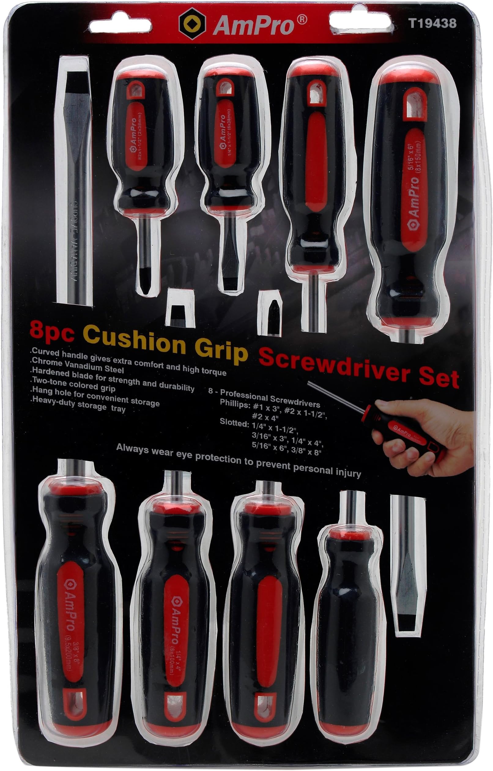 Ampro T19438 Cushion Grip Screwdriver Set, 8-Piece
