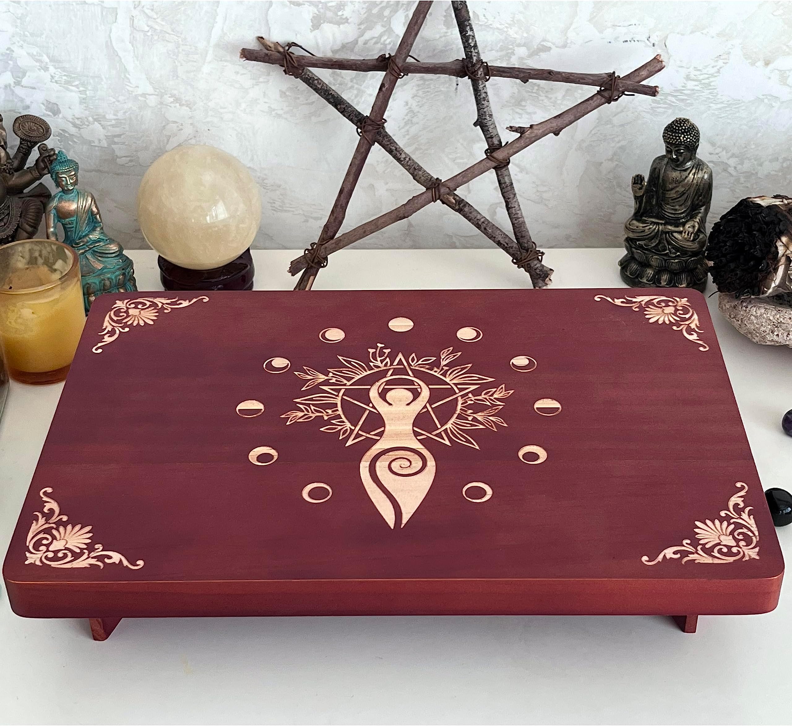 Altar Table, Meditation Table, Small Altar Table, Wooden Witch Altar, Wiccan Alter Table, Buddhist Shrine, Engraved Spiral Goddess on Table Top, 12 ร 8 inches