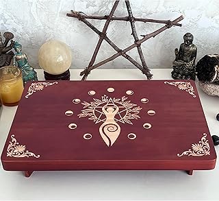 Altar Table, Meditation Table, Small Altar Table, Wooden Witch Altar, Wiccan Alter Table, Buddhist Shrine, Engraved Spiral Goddess on Table Top, 12 × 8 inches