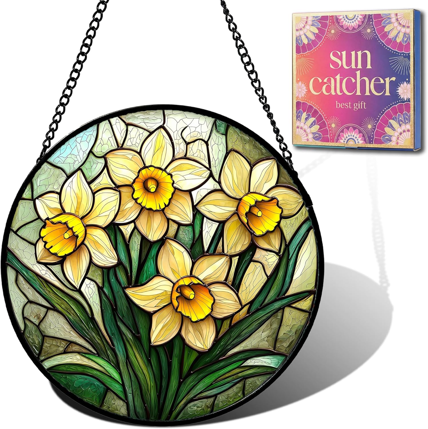 Birthday Gifts for Women - Yellow Daffodils Faux Stained Glass Window Hanging Sun Catcher for Door Garden Acrylic Decor Mother's Day Christmas for Mom Men Nana Grandma Sisters 9.8"