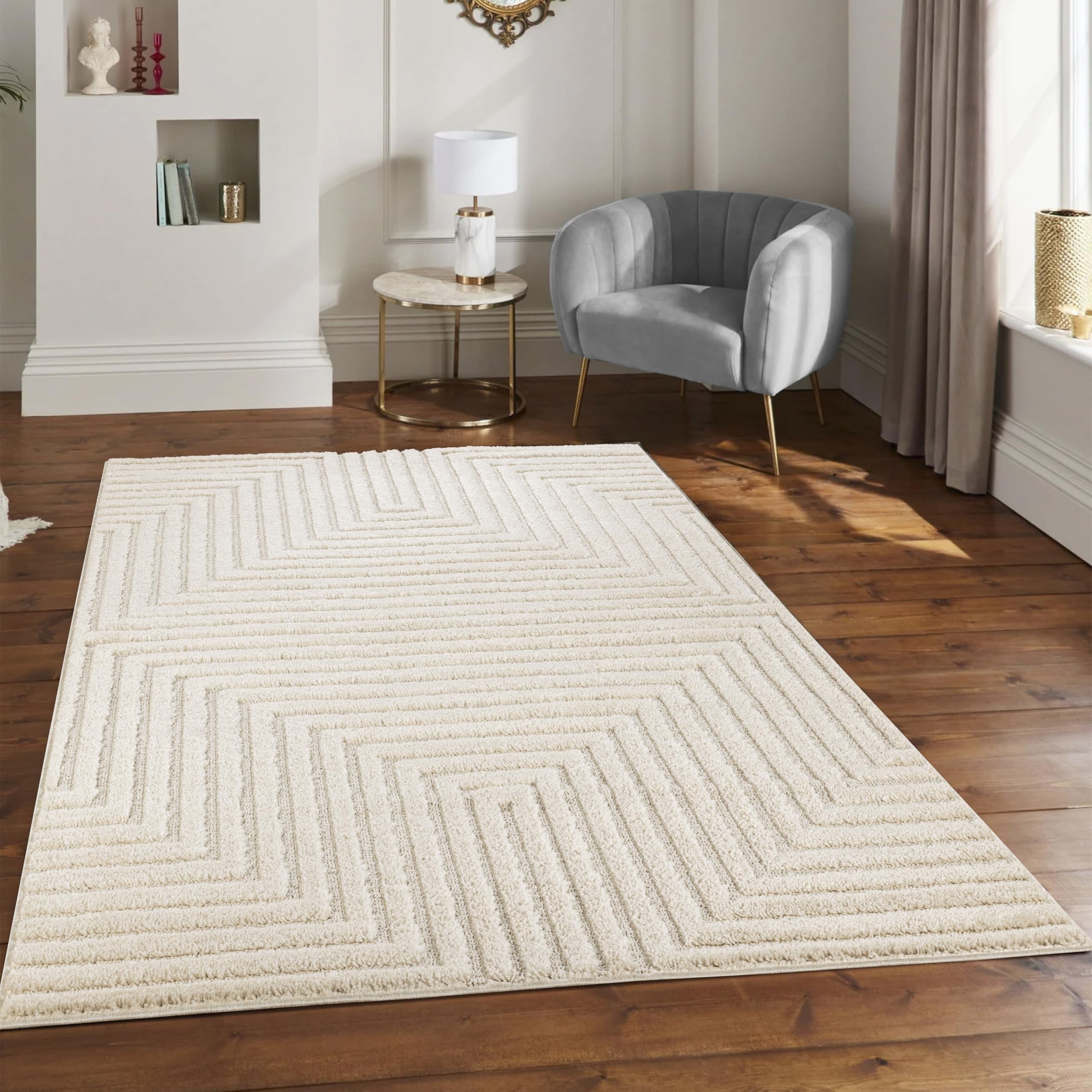 STL Washable Area Rug, 120x 170 cm Non-Slip Carpet for Living Room, Bedroom, Lounge, Dining or Kitchen, Soft, Durable & Non-Shedding Area Rug, Indoor Floor Carpet, Geometric Design - Cream