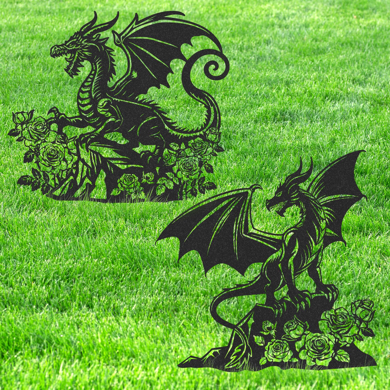 LIRAVENO Dragon Decor Garden Stakes - 2 Pcs Metal Yard Art Statues Outside