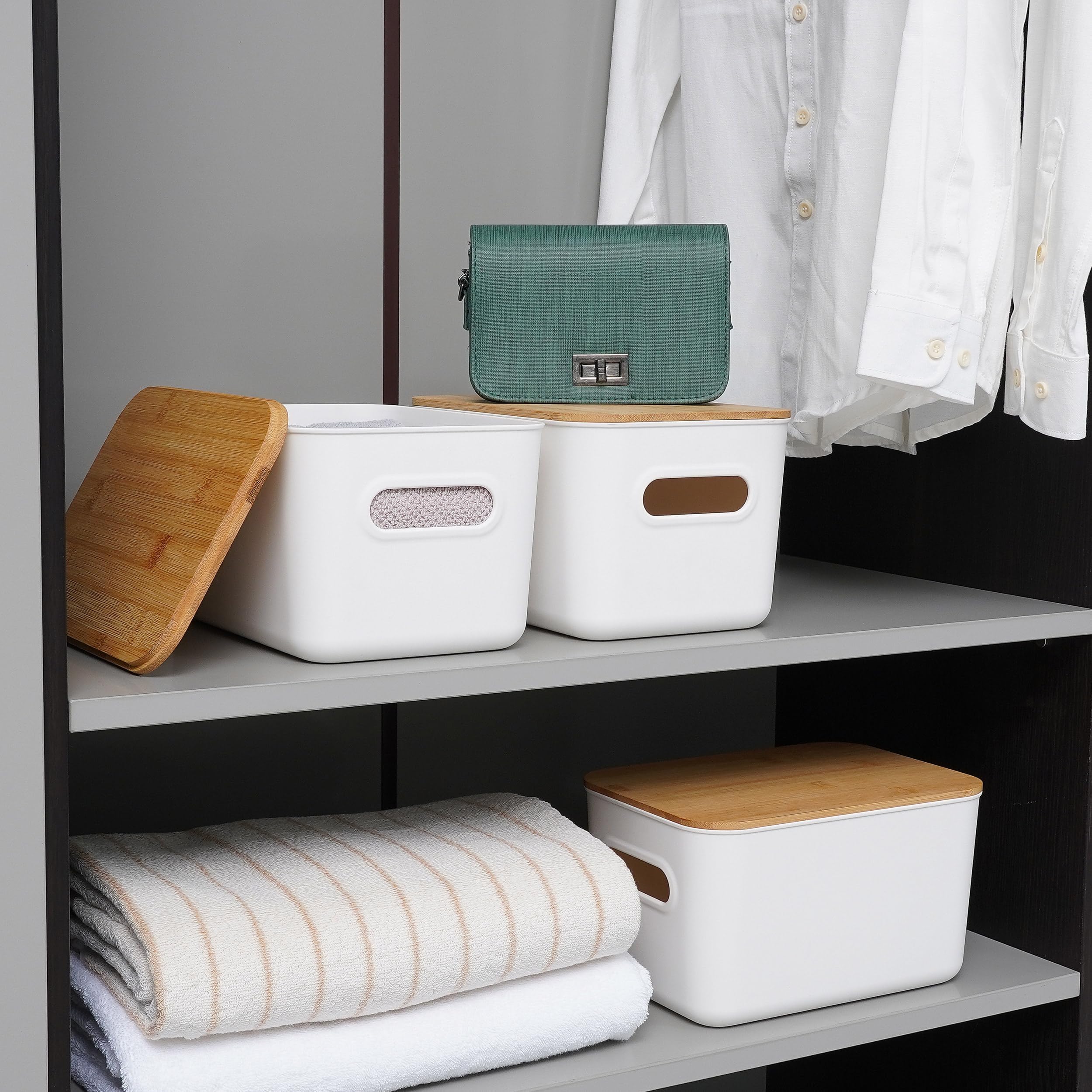 4 PCS Aufbewahrungsbox mit Bambus Deckel Aufbewahrungsboxen Kunststoff Stapelbare Kleine Aufbewahrungsbox mit Griffen für Küche Schlafzimmer 26 * 17.8 * 15.5cm, 6.5L
