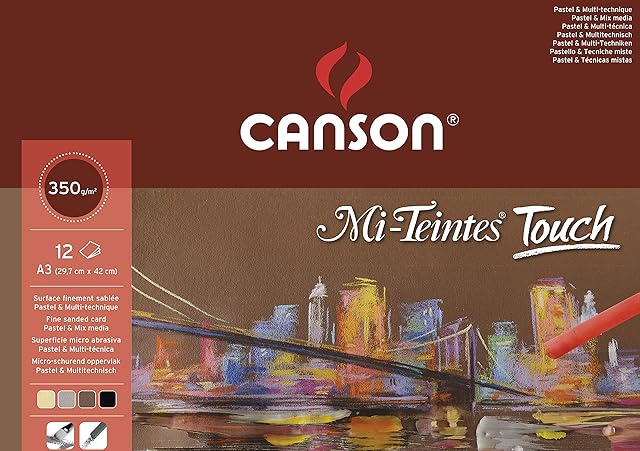 Canson Mi-Teintes Touch Pastel & Multi-Technique Fine Sanded Card Pad, 12 Sheets, A3, 6 Colours Ideal for Professional Photographers