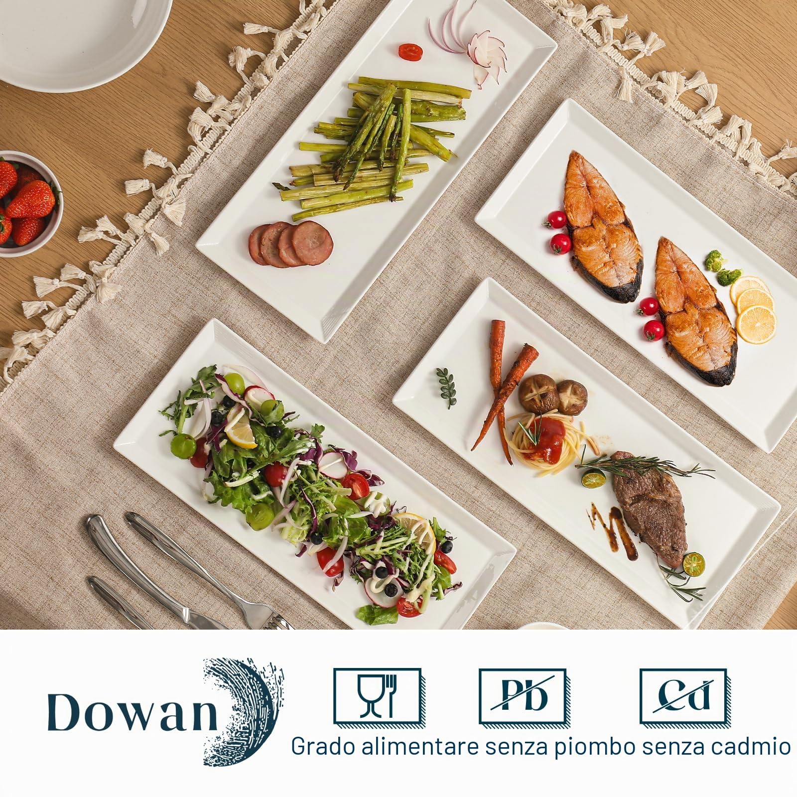 DOWAN Grandi Piatti da Portata Rettangolari - 36,8 x15,2 cm Piatti in Porcellana, Piatti da Portata Bianchi per Carne, Antipasti, Cibo, Dessert, Sushi, Feste, Bianco, Set da 4