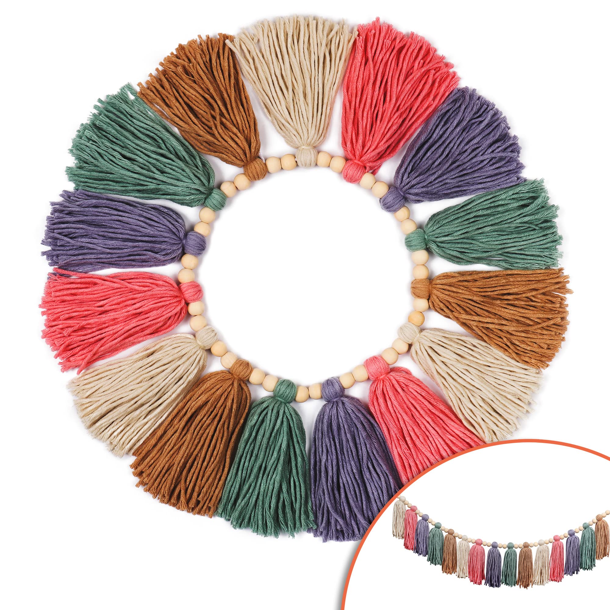 Colorful Tassel Garland Boho Tassel Garland with Wood Beads Macrame Woven Tassel Garland Banner Wall Hangings Decorative for Kids Bedroom Nursery Party Holiday Wedding Decoration (B)