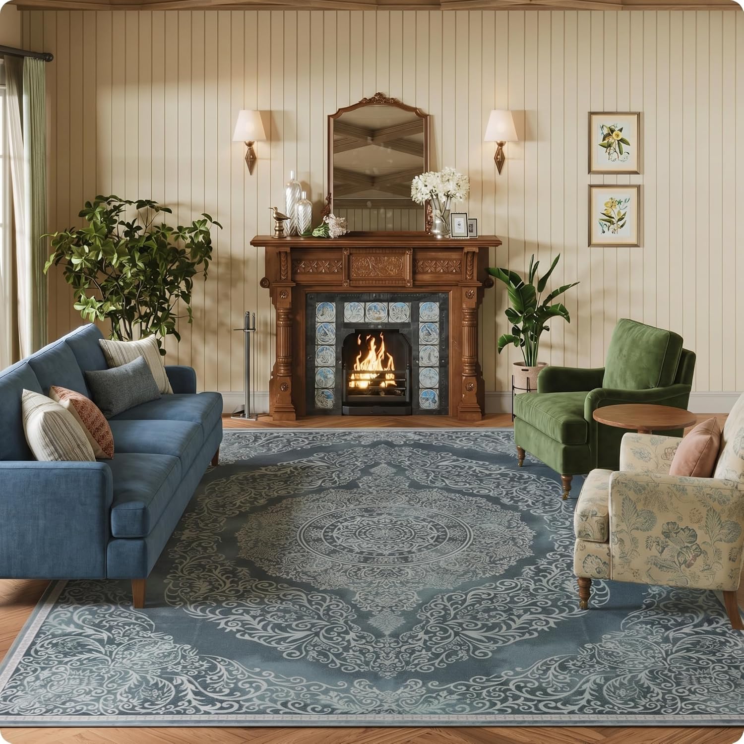 5x7 Area Rug - Low Pile Firm Farmhouse Area Rug, Machine Washable Non-Slip Durable Carpet for High Traffic Living Room Bedroom Dining Room Green Gray